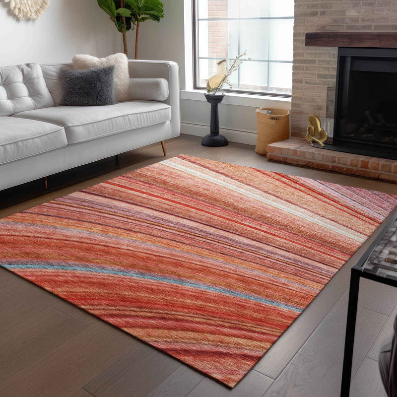 3' X 5' Terra Cotta Salmon And Orange Striped Washable Indoor Outdoor Area Rug
