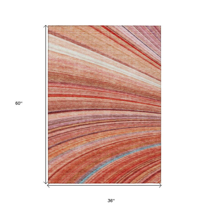 3' X 5' Terra Cotta Salmon And Orange Striped Washable Indoor Outdoor Area Rug