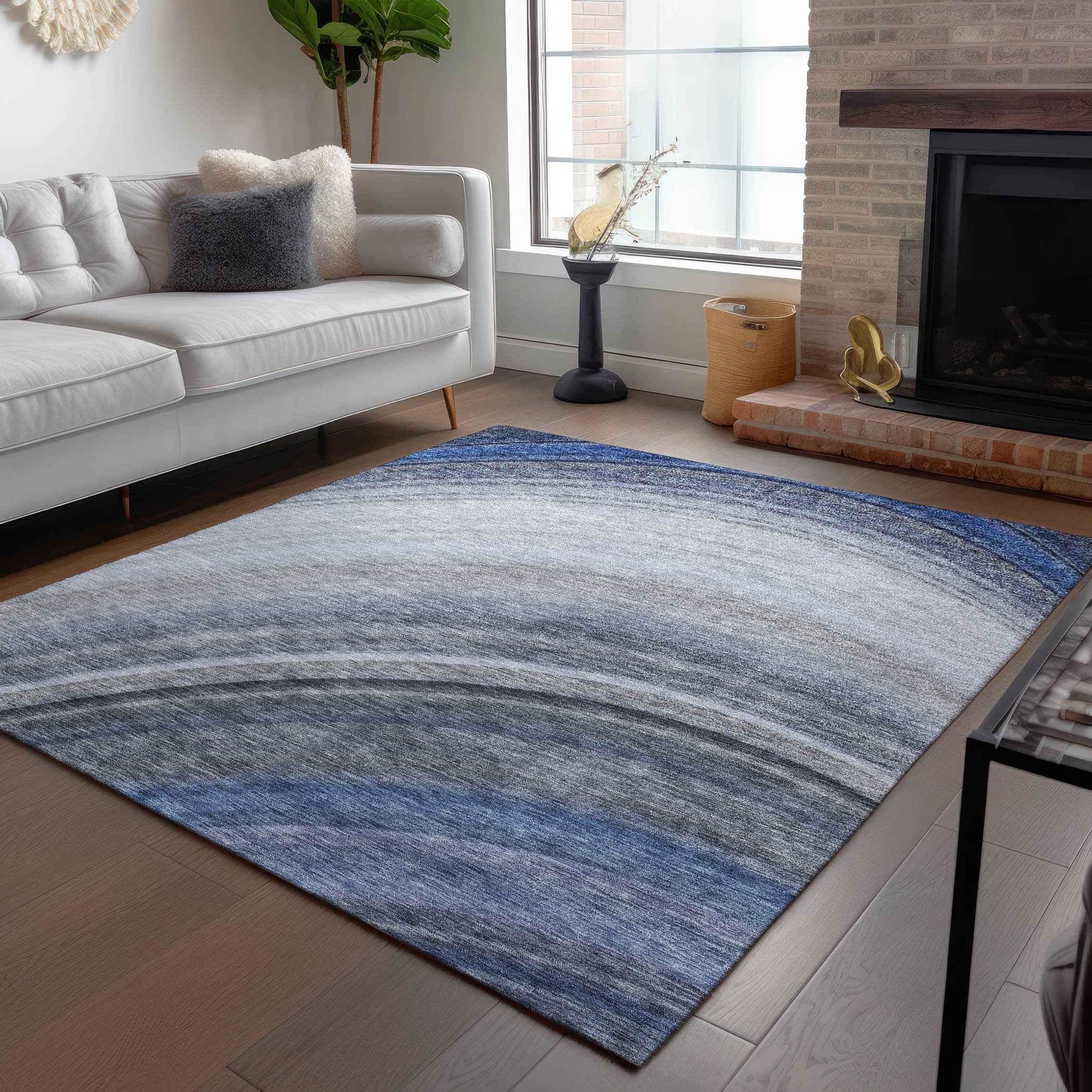 10' X 14' Denim Blue And Navy Blue Abstract Washable Indoor Outdoor Area Rug