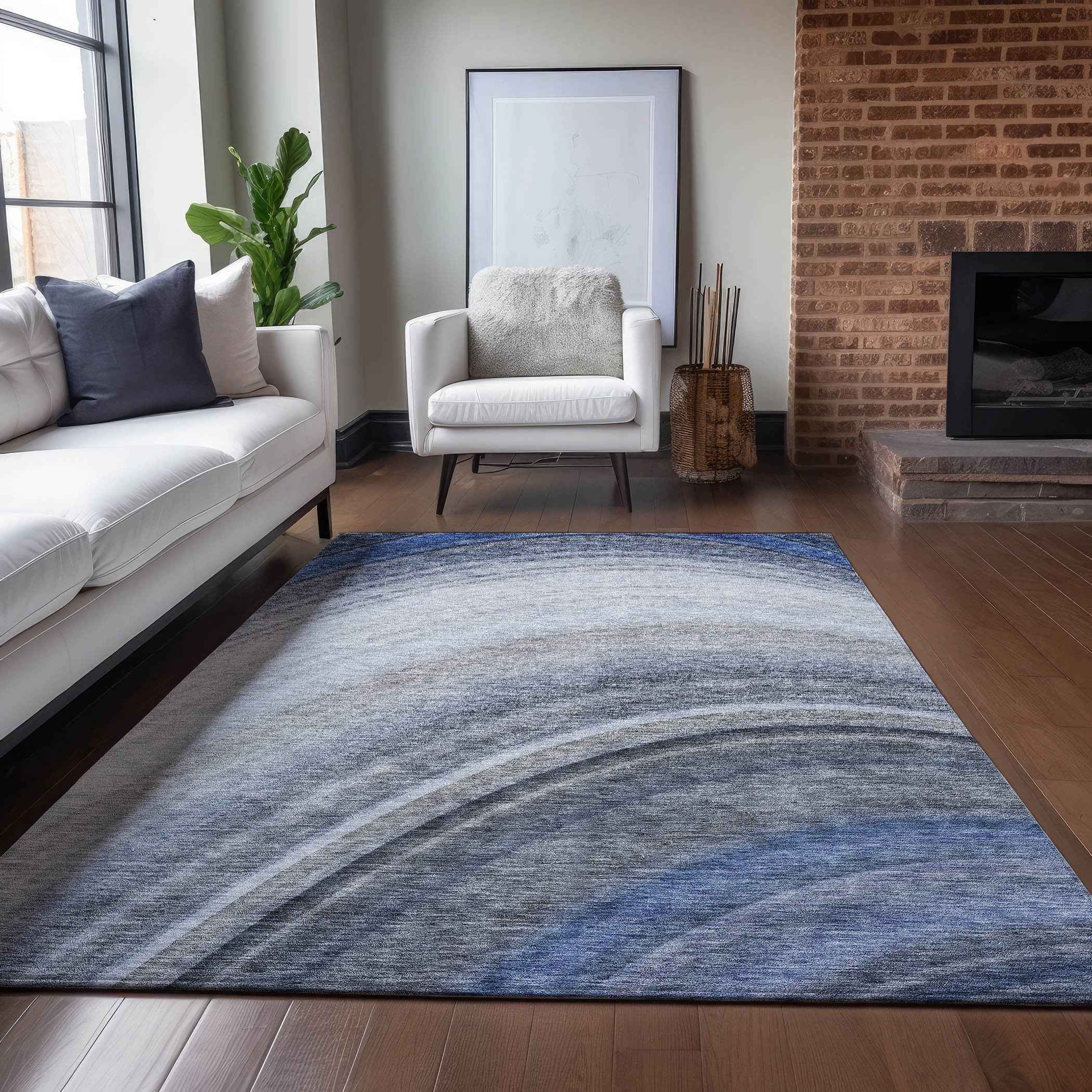10' X 14' Denim Blue And Navy Blue Abstract Washable Indoor Outdoor Area Rug