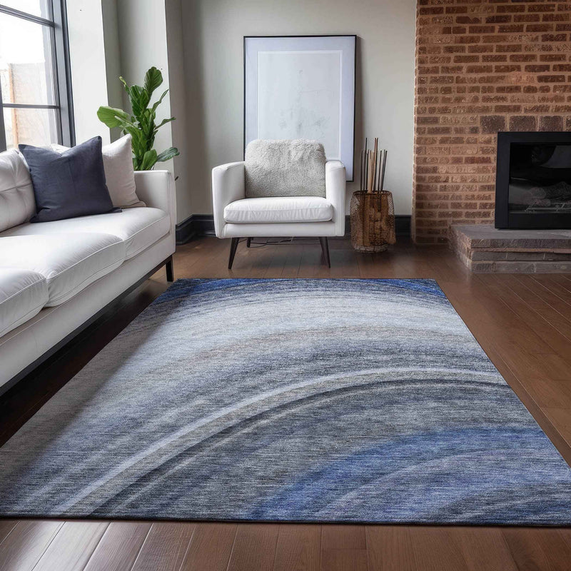 10' X 14' Denim Blue And Navy Blue Abstract Washable Indoor Outdoor Area Rug