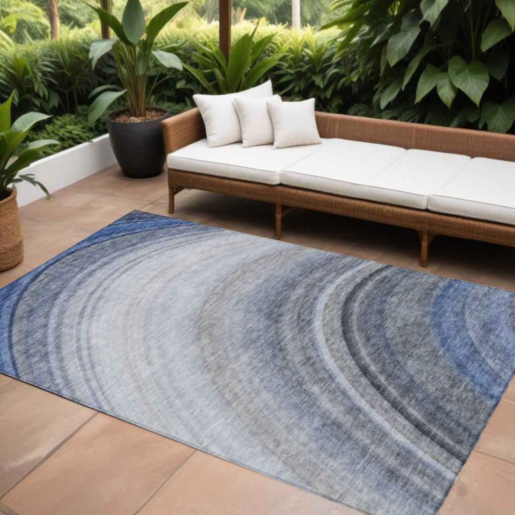 10' X 14' Denim Blue And Navy Blue Abstract Washable Indoor Outdoor Area Rug