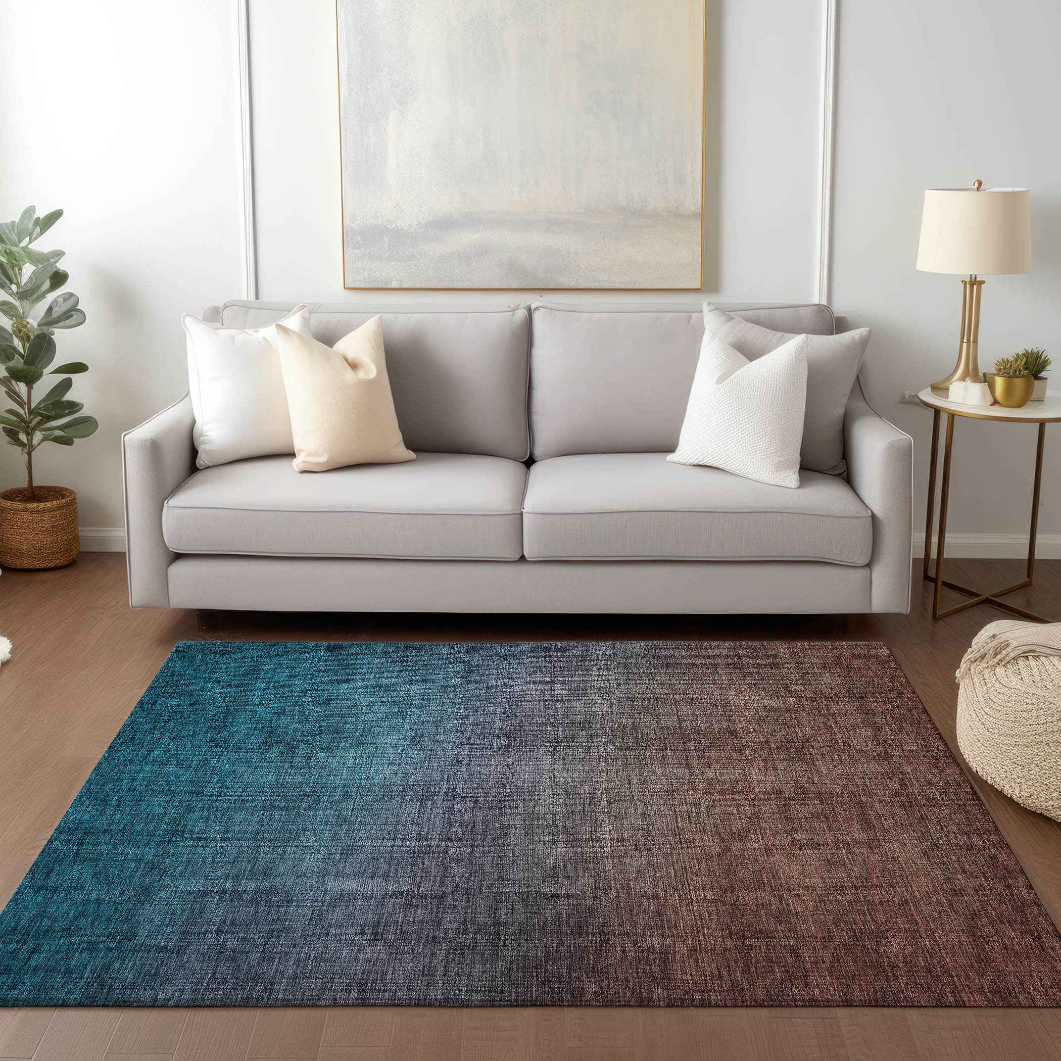 5' X 8' Teal Blue Chocolate And Charcoal Ombre Washable Indoor Outdoor Area Rug
