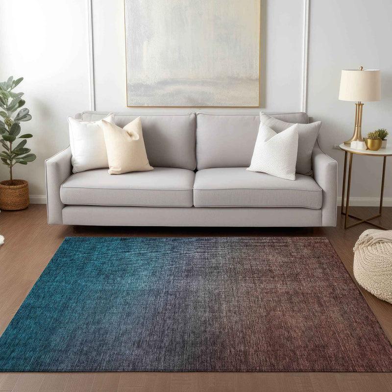 5' X 8' Teal Blue Chocolate And Charcoal Ombre Washable Indoor Outdoor Area Rug