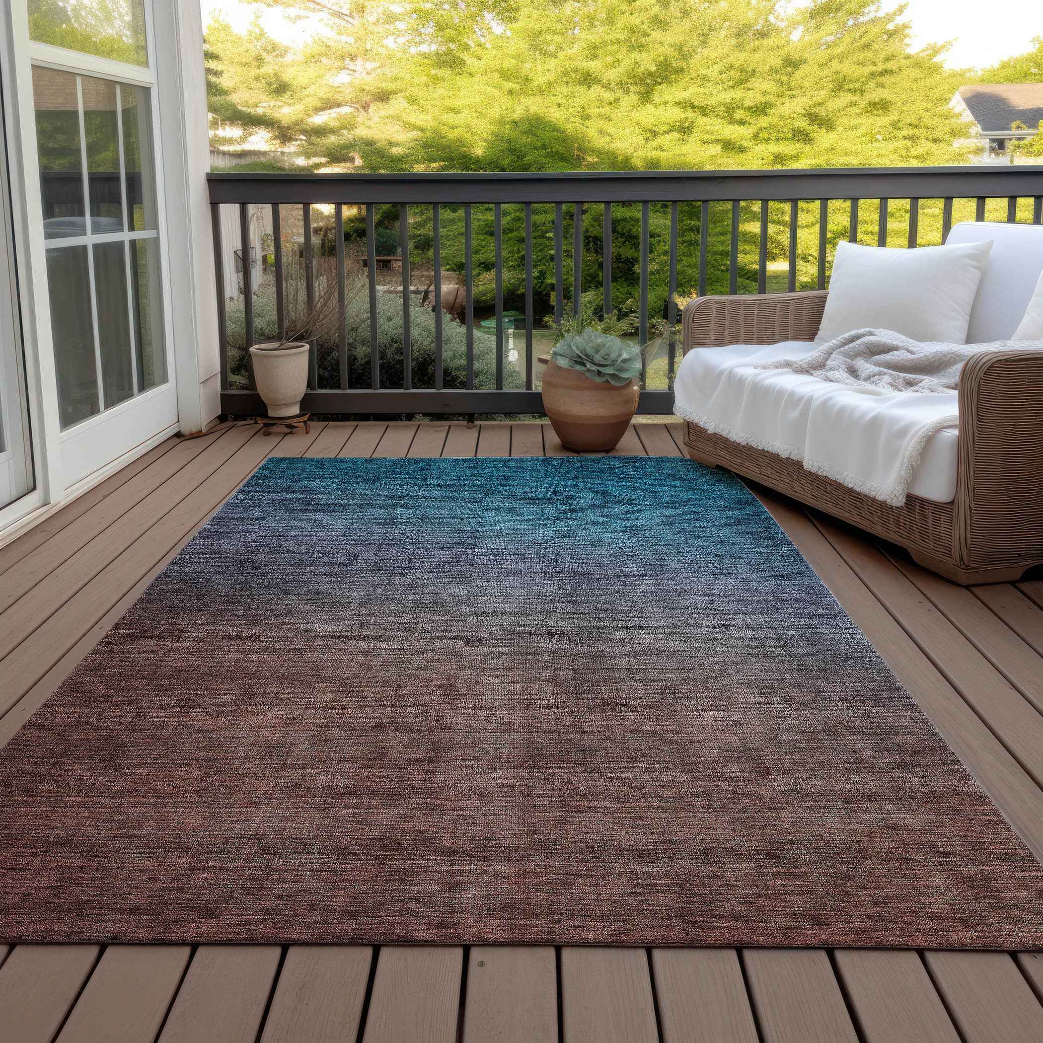5' X 8' Teal Blue Chocolate And Charcoal Ombre Washable Indoor Outdoor Area Rug