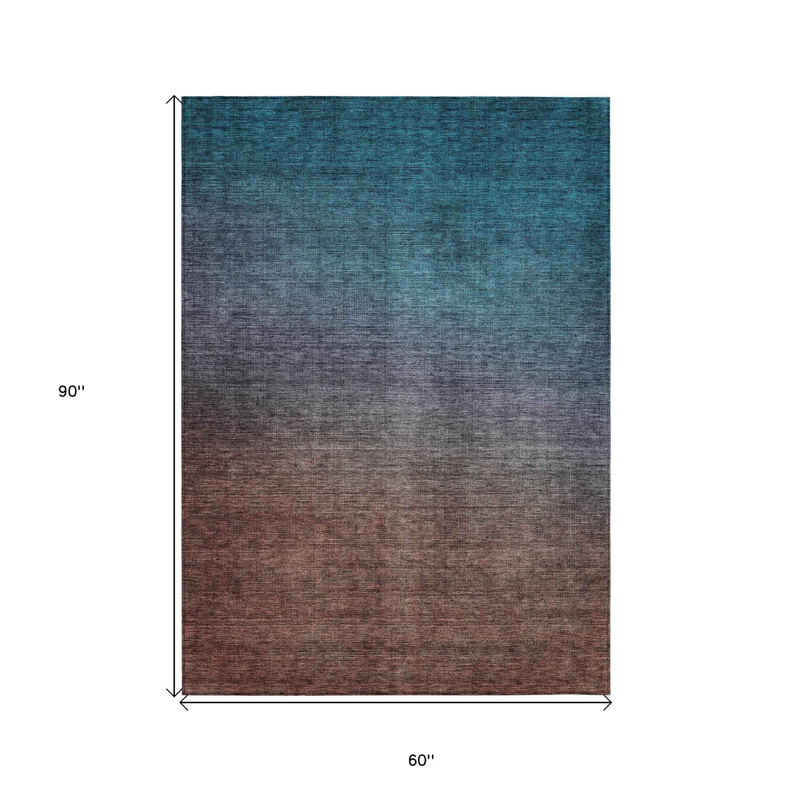 5' X 8' Teal Blue Chocolate And Charcoal Ombre Washable Indoor Outdoor Area Rug
