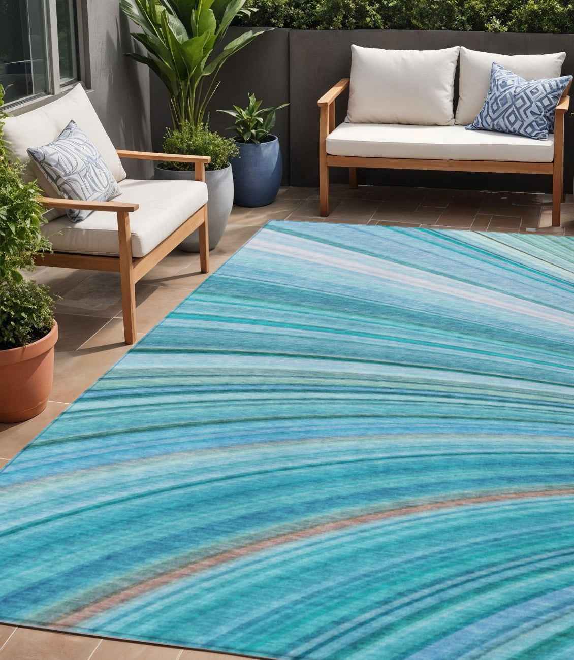 5' X 8' Teal Blue Aqua And Blue Abstract Washable Indoor Outdoor Area Rug