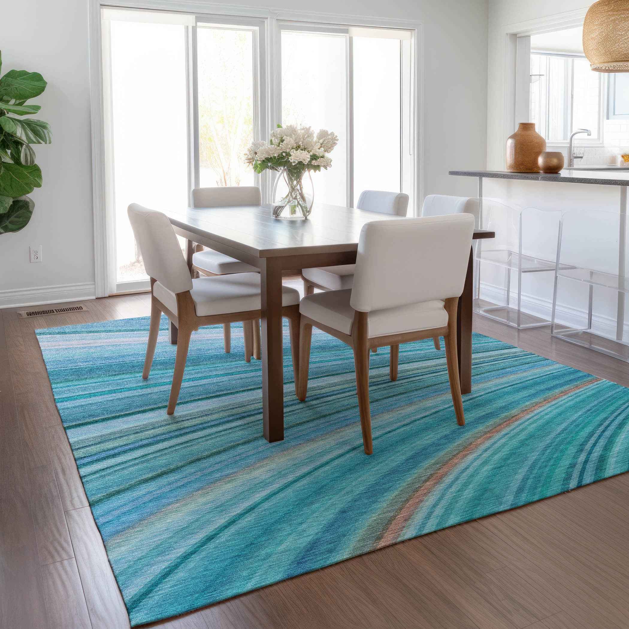 5' X 8' Teal Blue Aqua And Blue Abstract Washable Indoor Outdoor Area Rug