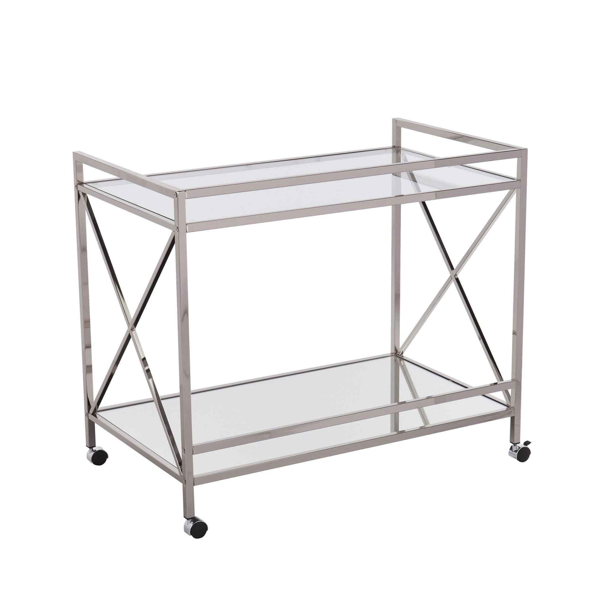 39" Silver Metal and Glass Rolling Bar Cart