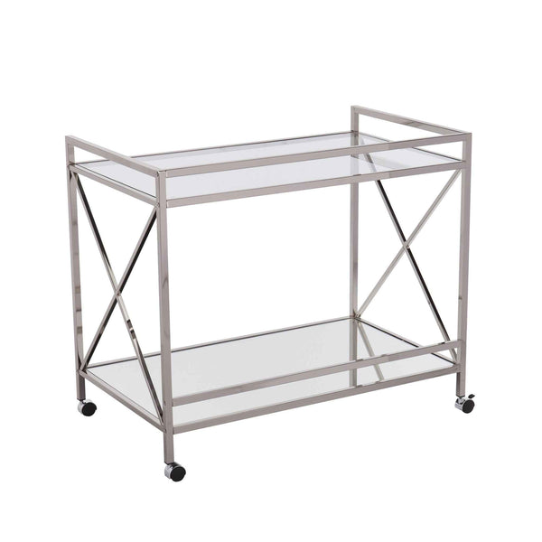 39" Silver Metal and Glass Rolling Bar Cart