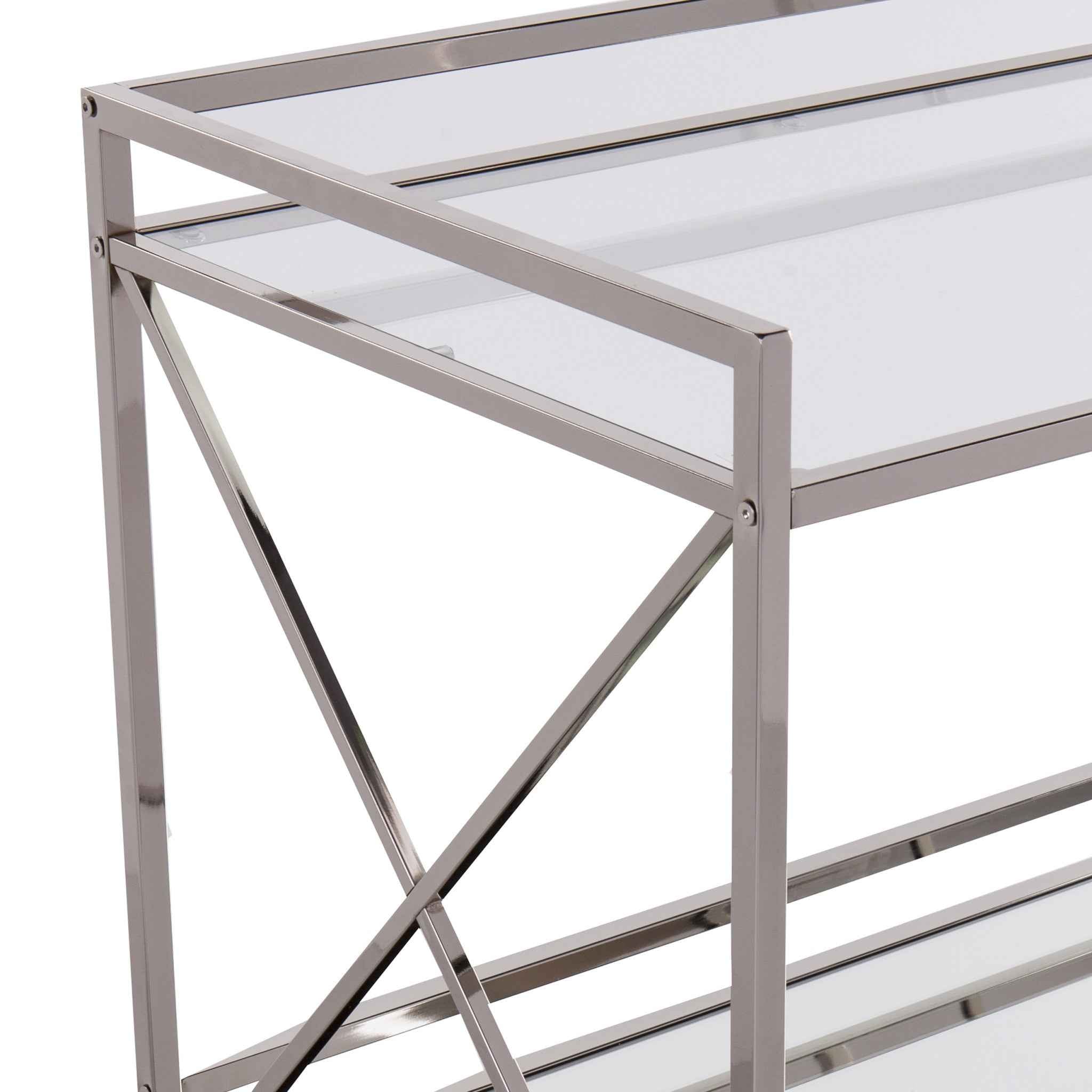 39" Silver Metal and Glass Rolling Bar Cart