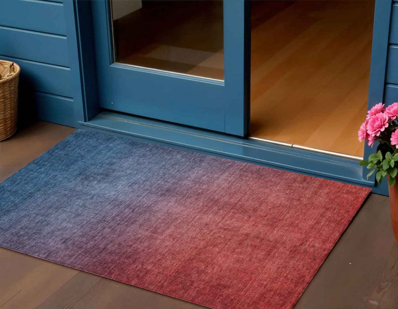 3' X 5' Navy Blue Red And Eggplant Ombre Washable Indoor Outdoor Area Rug