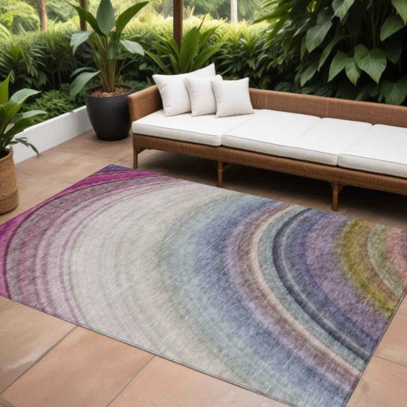 8' X 10' Beige Purple And Ivory Abstract Washable Indoor Outdoor Area Rug