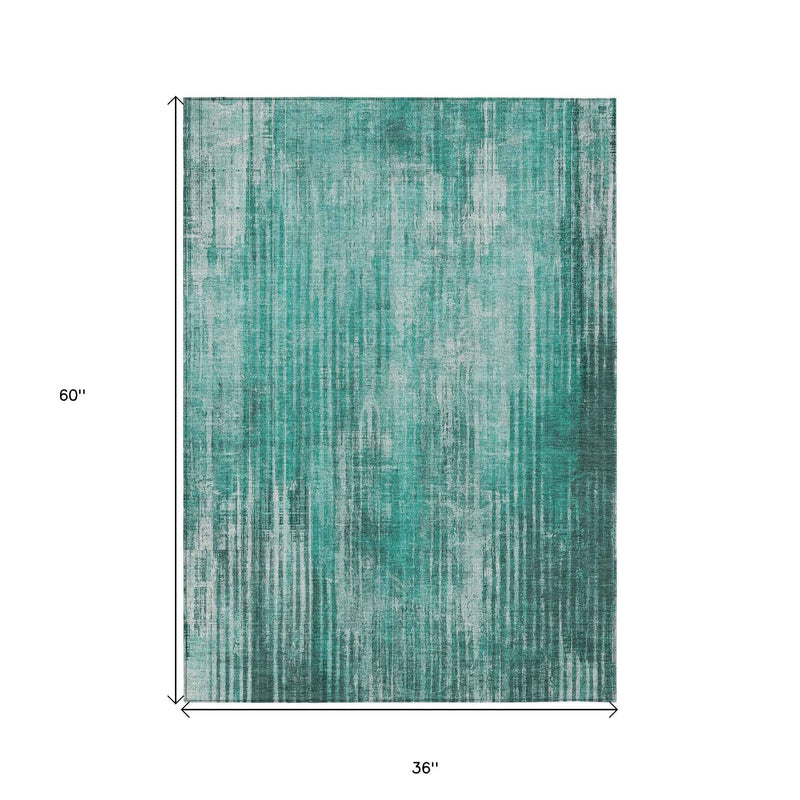 3' X 5' Teal Blue Aqua And Gray Striped Washable Indoor Outdoor Area Rug