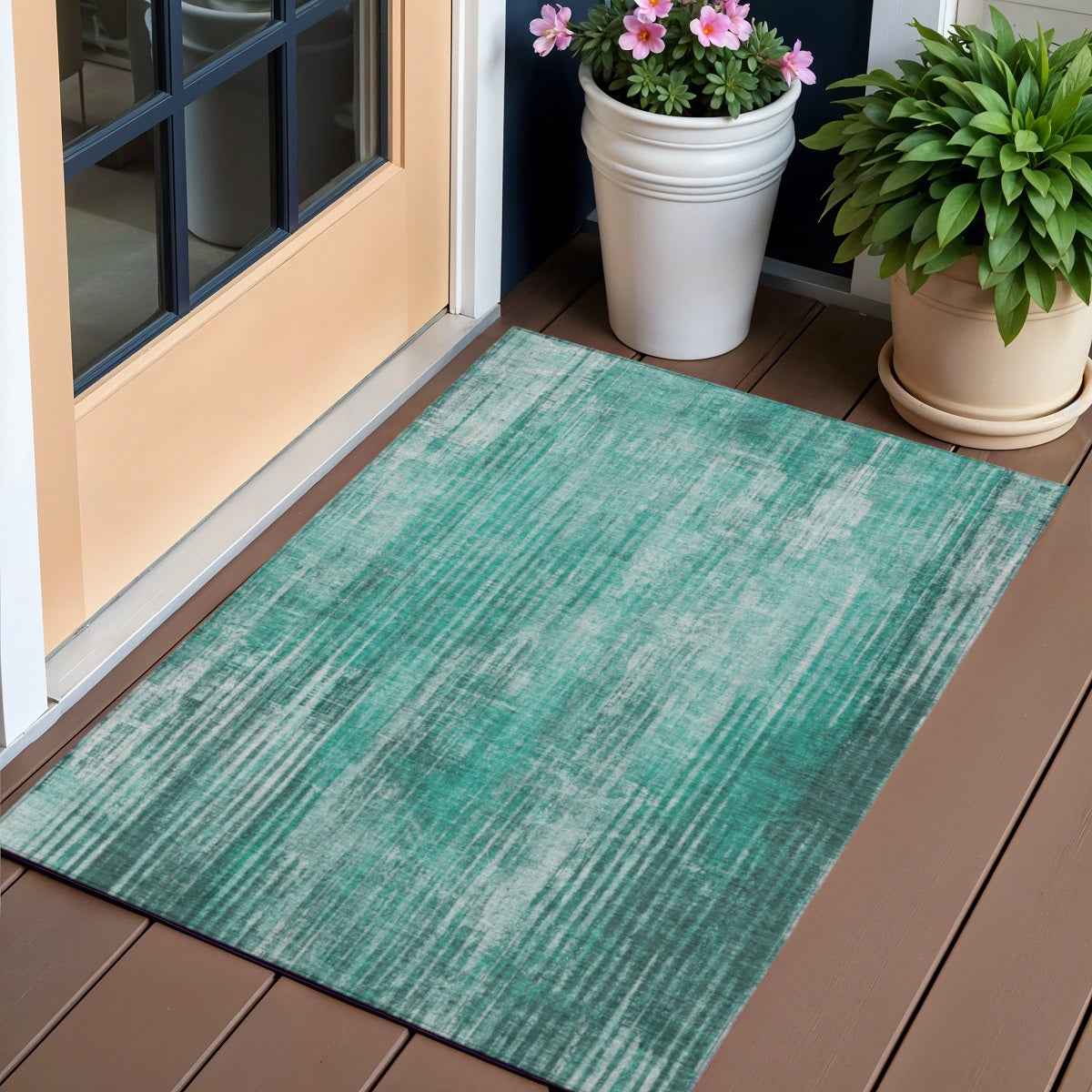 3' X 5' Teal Blue Aqua And Gray Striped Washable Indoor Outdoor Area Rug