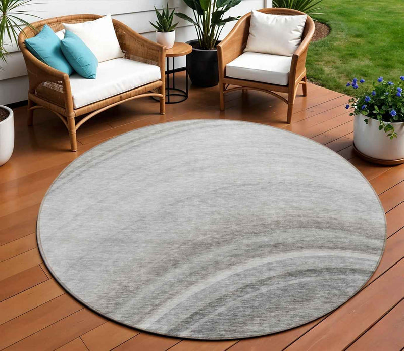 8' Gray Silver And Beige Round Abstract Washable Indoor Outdoor Area Rug