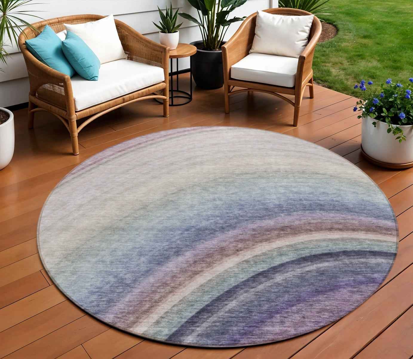 9' X 12' Beige Purple And Ivory Abstract Washable Indoor Outdoor Area Rug
