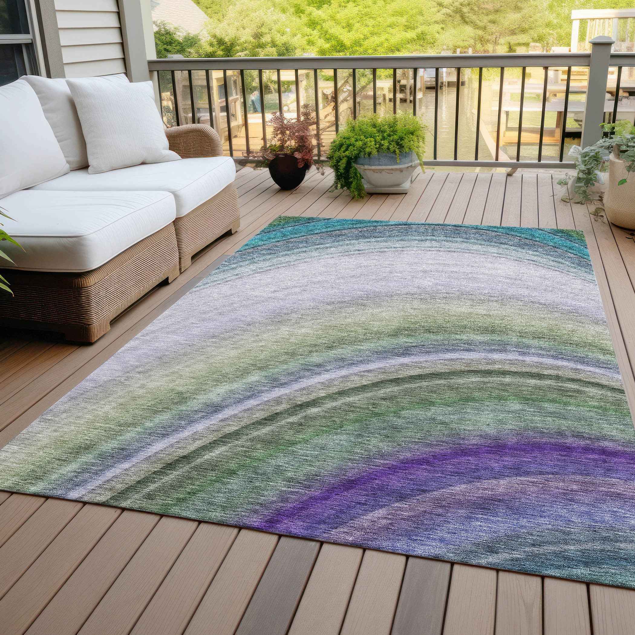 10' X 14' Teal Blue Artichoke Green And Green Abstract Washable Indoor Outdoor Area Rug