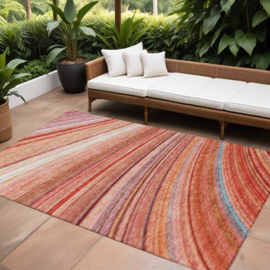 10' X 14' Terra Cotta Salmon And Orange Striped Washable Indoor Outdoor Area Rug