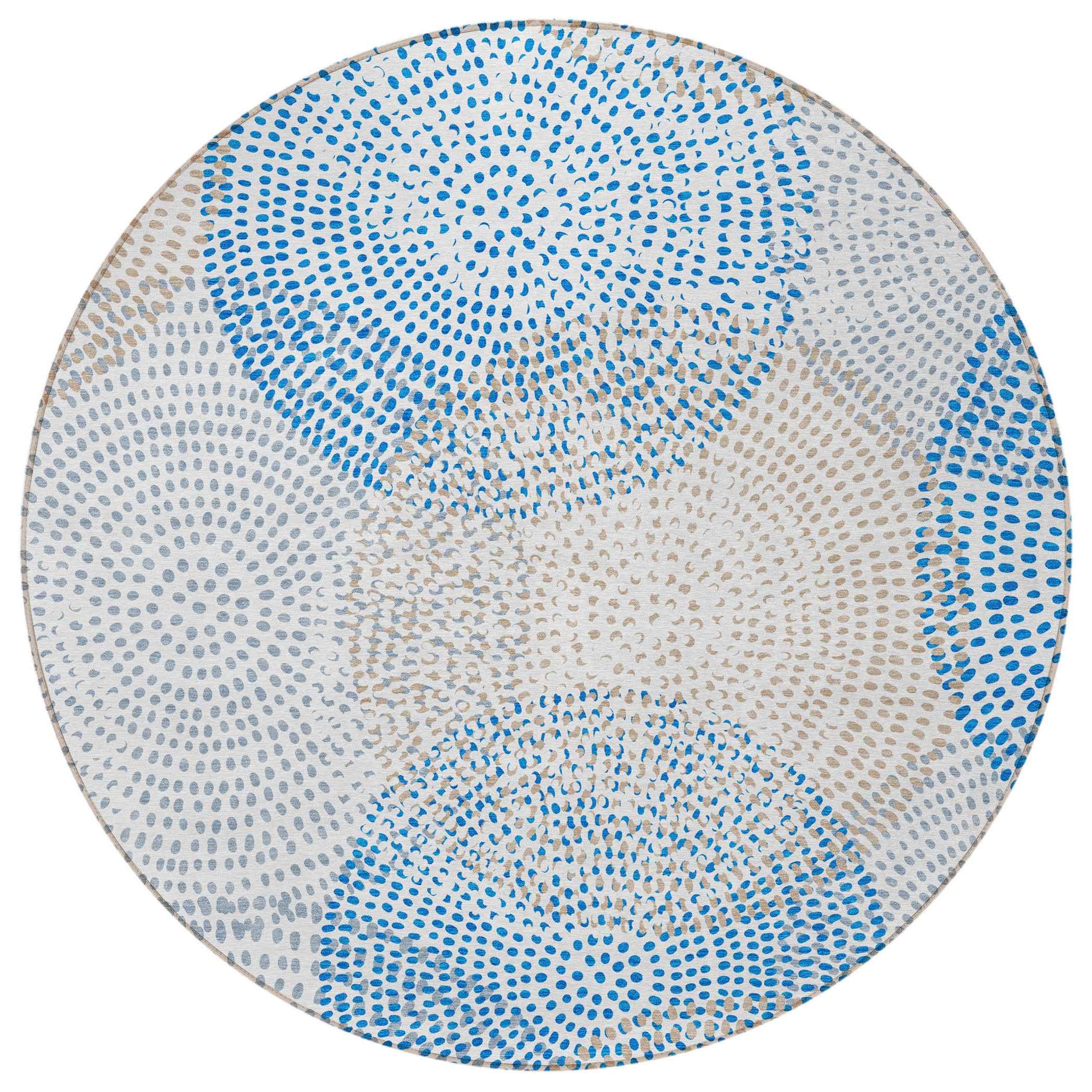 8' Ivory Blue And Taupe Round Polka Dot Washable Indoor Outdoor Area Rug
