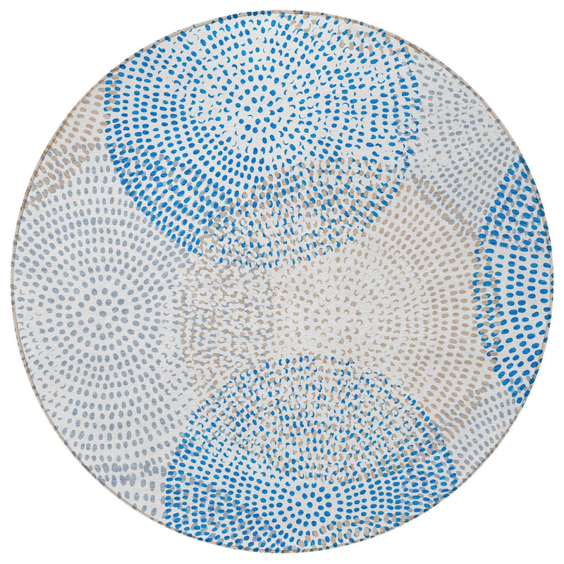 8' Ivory Blue And Taupe Round Polka Dot Washable Indoor Outdoor Area Rug