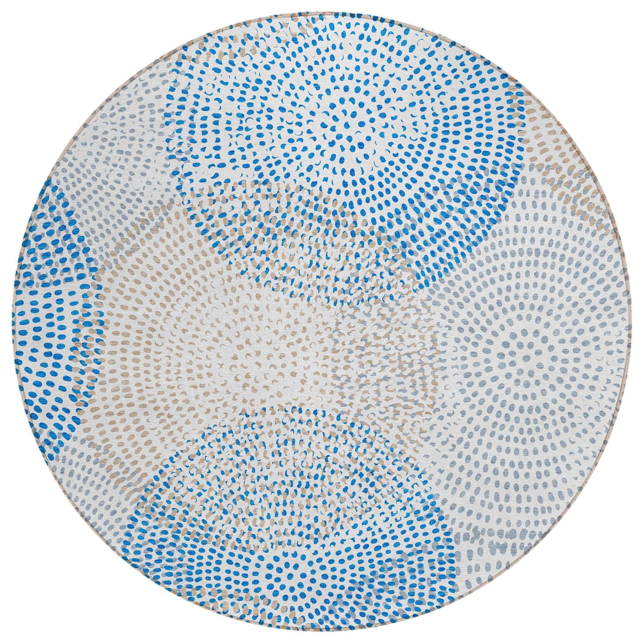 8' Ivory Blue And Taupe Round Polka Dot Washable Indoor Outdoor Area Rug
