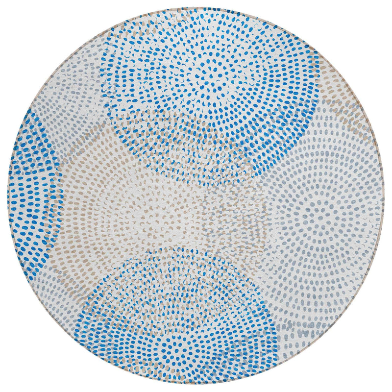 8' Ivory Blue And Taupe Round Polka Dot Washable Indoor Outdoor Area Rug