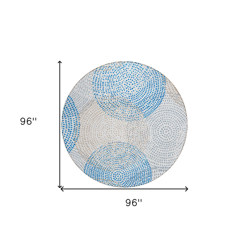 8' Ivory Blue And Taupe Round Polka Dot Washable Indoor Outdoor Area Rug