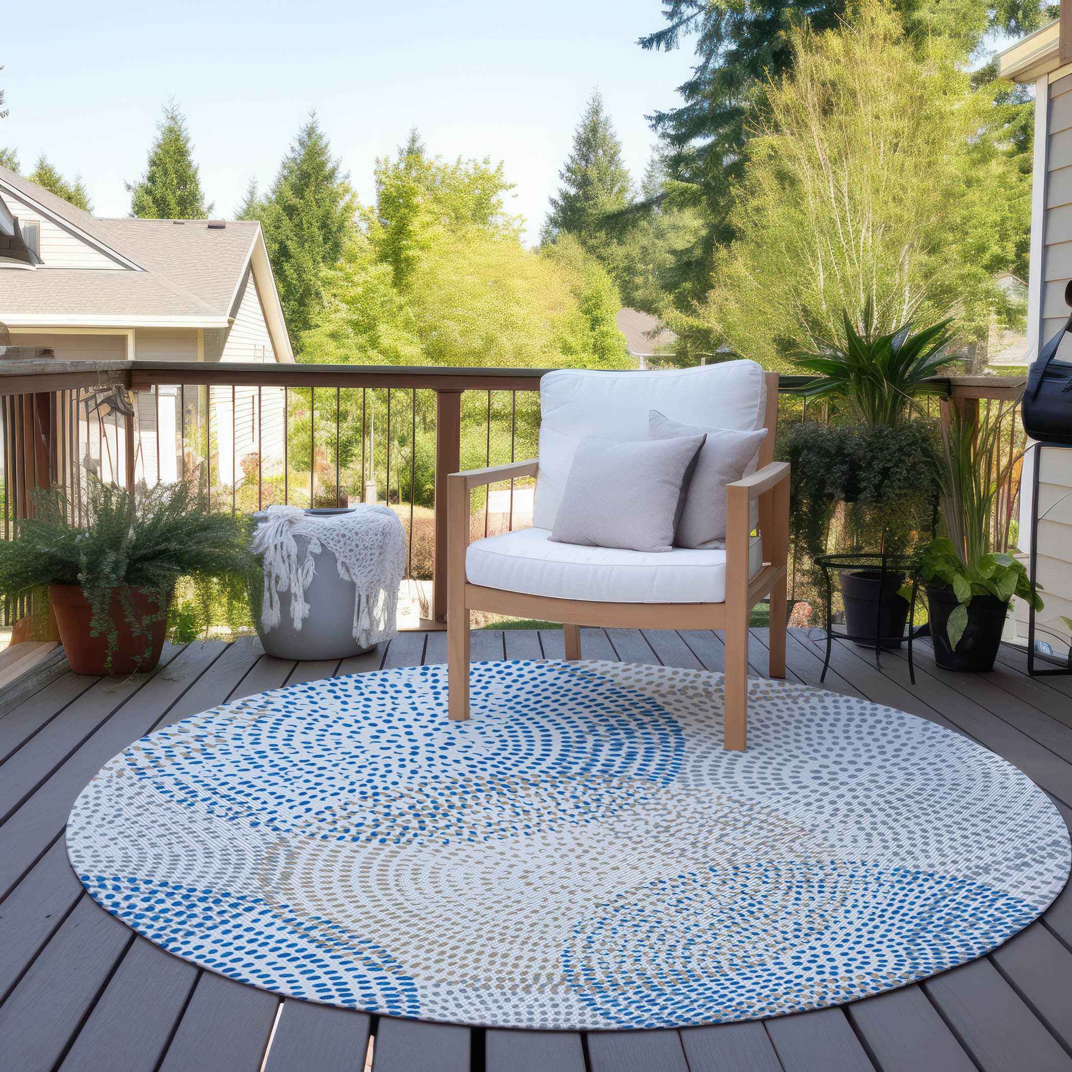 8' Ivory Blue And Taupe Round Polka Dot Washable Indoor Outdoor Area Rug