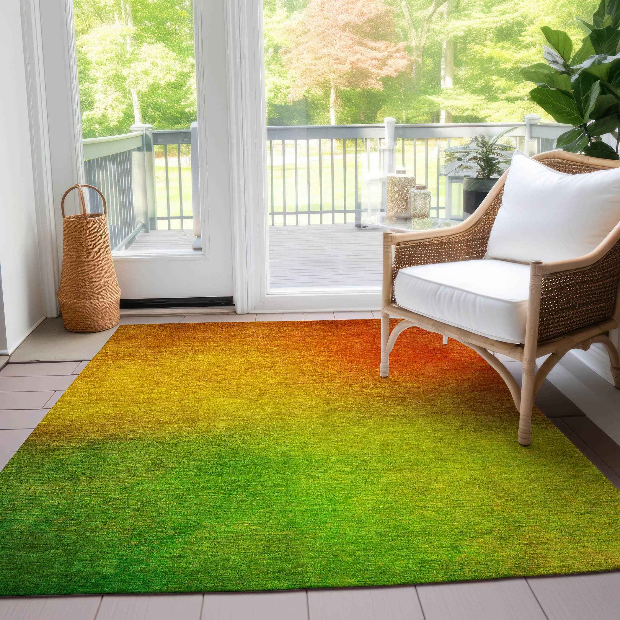 9' X 12' Terra Cotta Gold And Green Ombre Washable Indoor Outdoor Area Rug