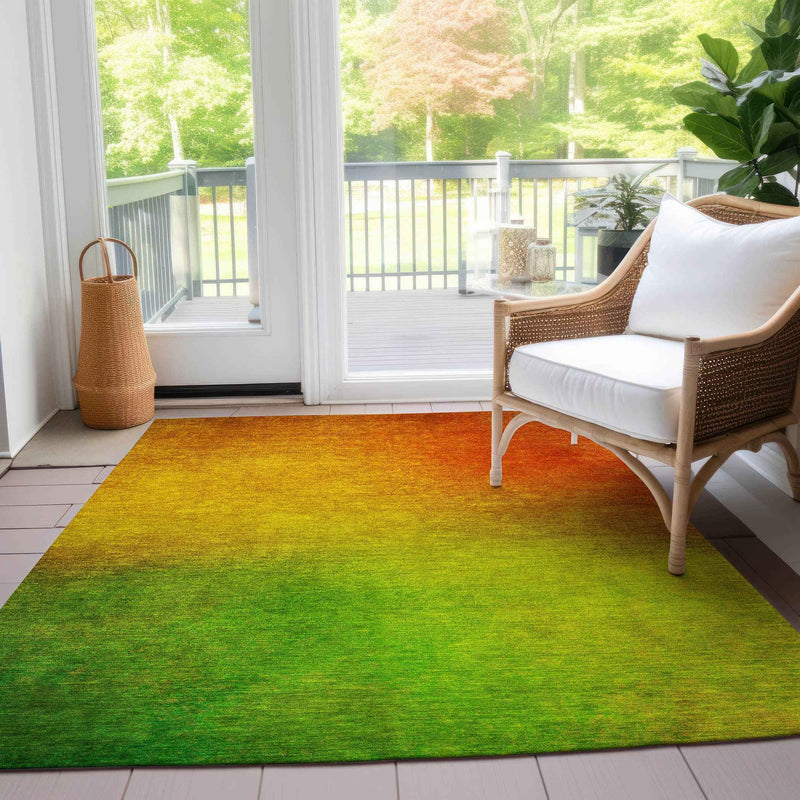 9' X 12' Terra Cotta Gold And Green Ombre Washable Indoor Outdoor Area Rug