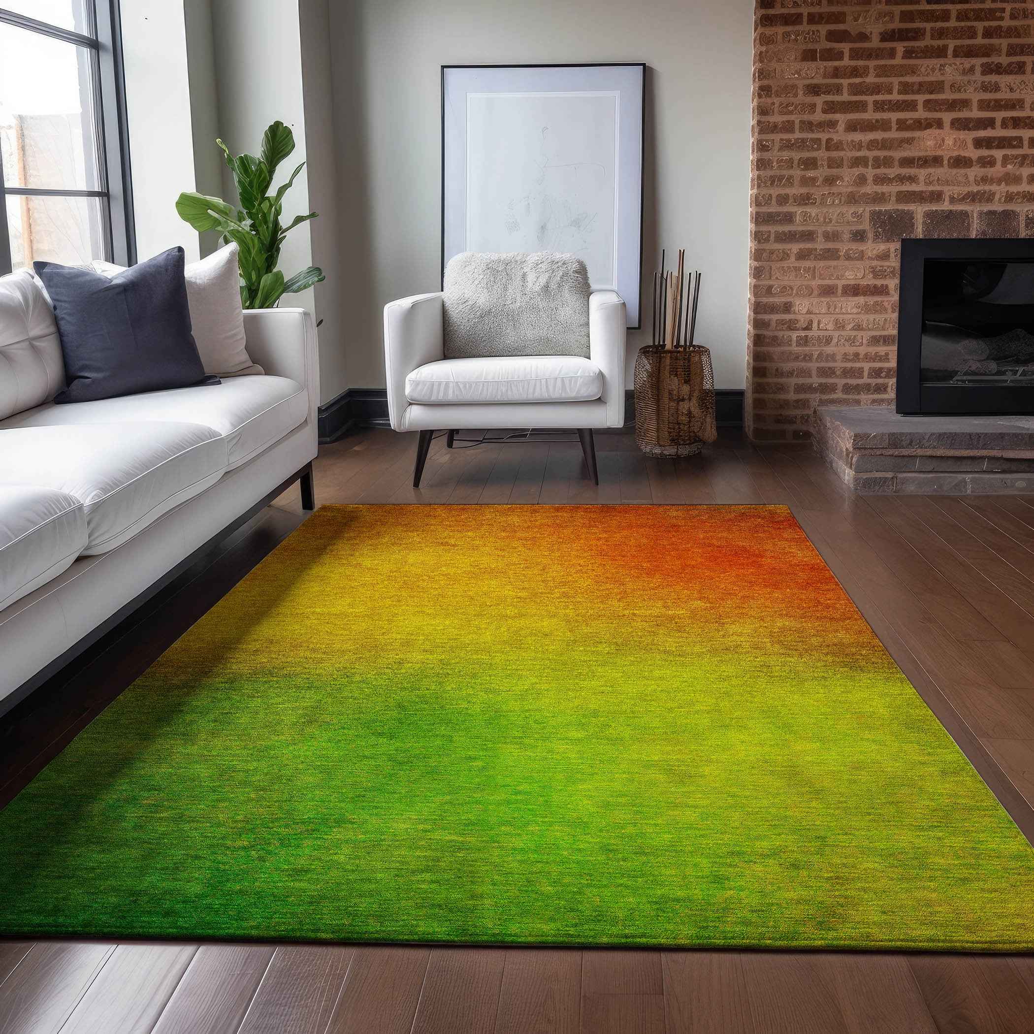 9' X 12' Terra Cotta Gold And Green Ombre Washable Indoor Outdoor Area Rug