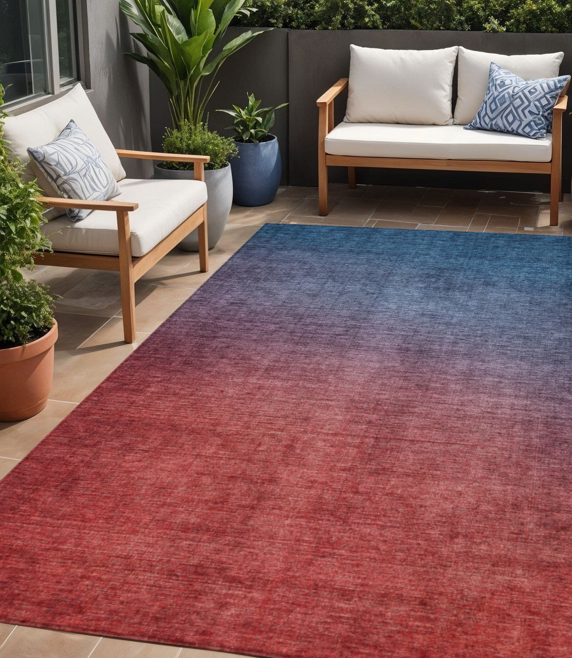 5' X 8' Navy Blue Red And Eggplant Ombre Washable Indoor Outdoor Area Rug - Sports & Outdoor
