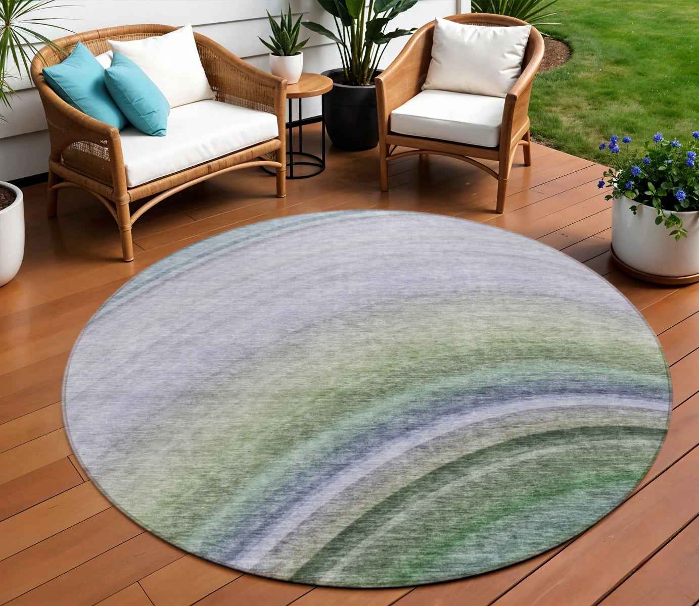 8' Teal Blue Artichoke Green And Green Round Abstract Washable Indoor Outdoor Area Rug
