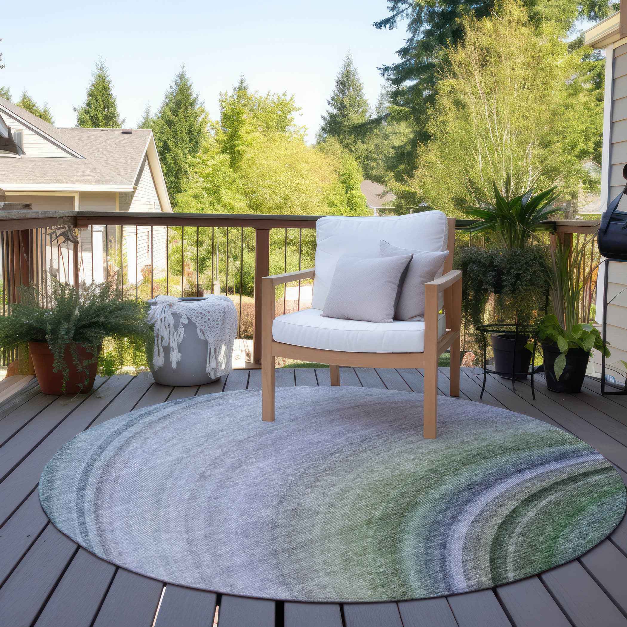 8' Teal Blue Artichoke Green And Green Round Abstract Washable Indoor Outdoor Area Rug