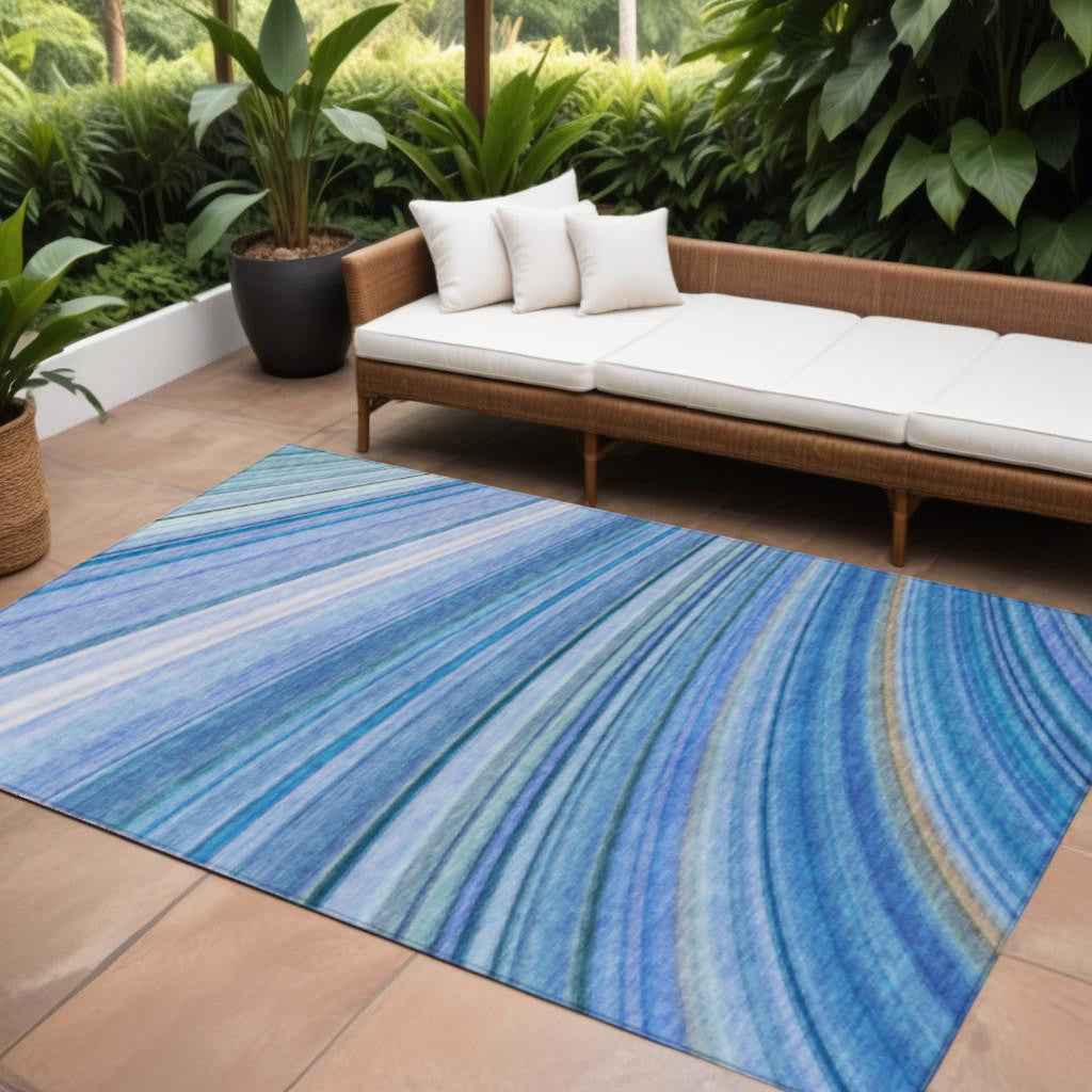 8' X 10' Denim Blue And Sky Blue Abstract Washable Indoor Outdoor Area Rug
