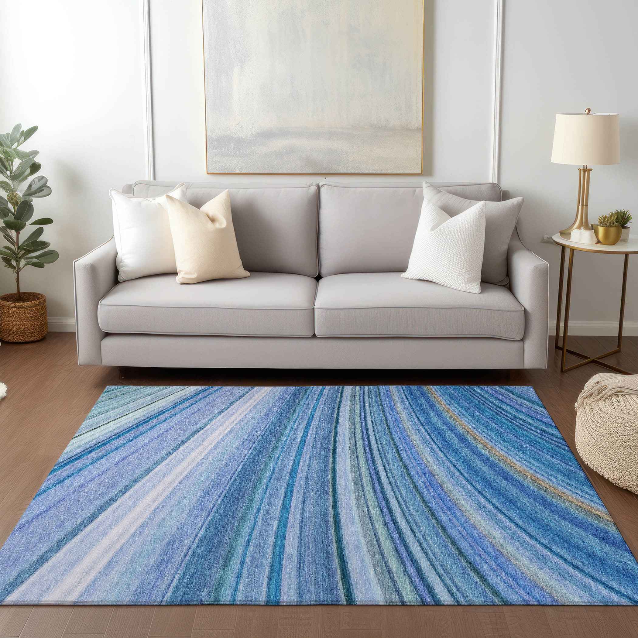 8' X 10' Denim Blue And Sky Blue Abstract Washable Indoor Outdoor Area Rug