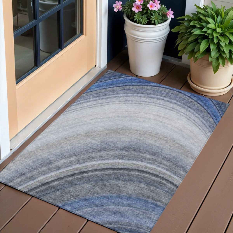 3' X 5' Denim Blue And Navy Blue Abstract Washable Indoor Outdoor Area Rug