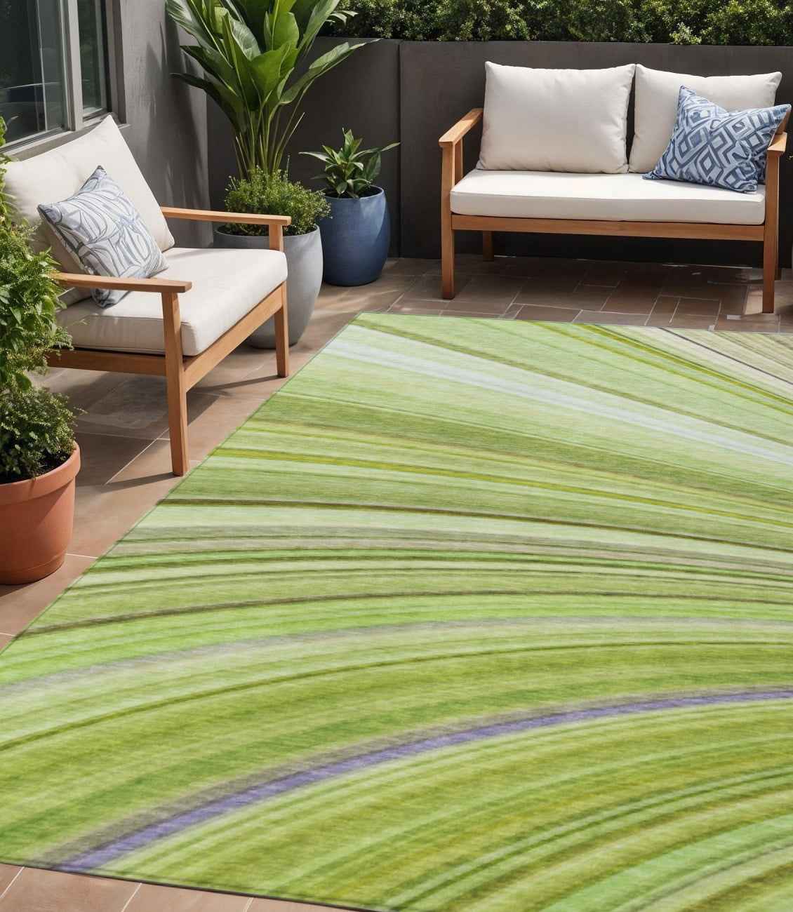 5' X 8' Artichoke Green And Olive Green Abstract Washable Indoor Outdoor Area Rug