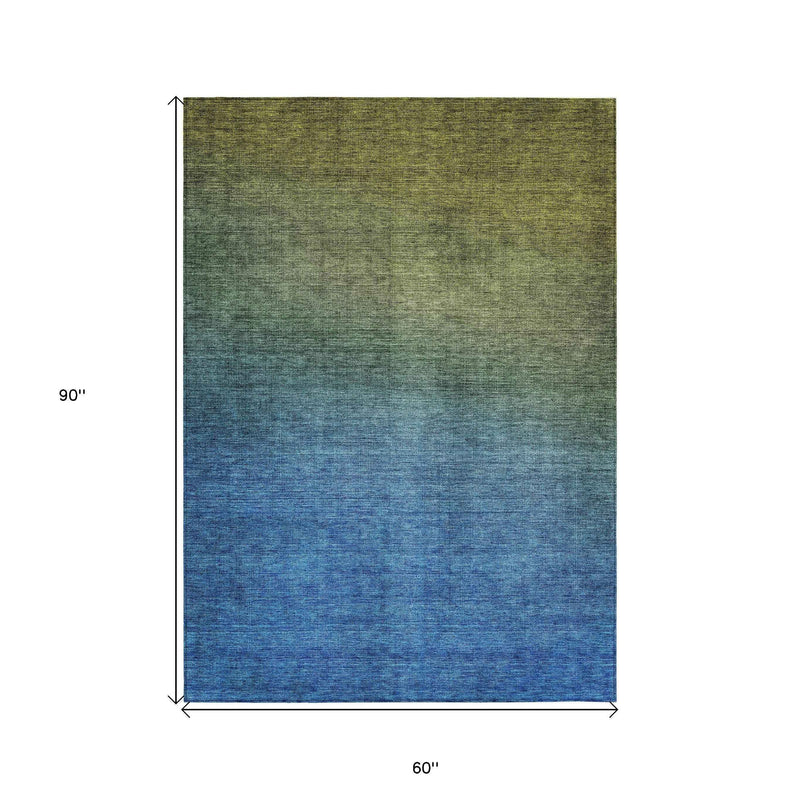 5' X 8' Olive Green Blue And Navy Blue Ombre Washable Indoor Outdoor Area Rug