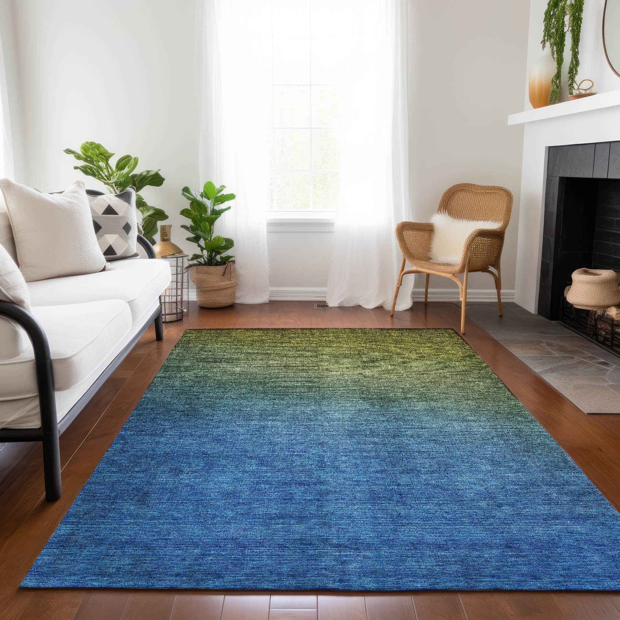5' X 8' Olive Green Blue And Navy Blue Ombre Washable Indoor Outdoor Area Rug