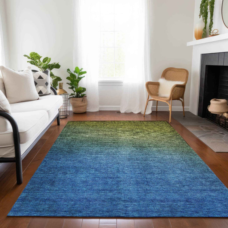 5' X 8' Olive Green Blue And Navy Blue Ombre Washable Indoor Outdoor Area Rug