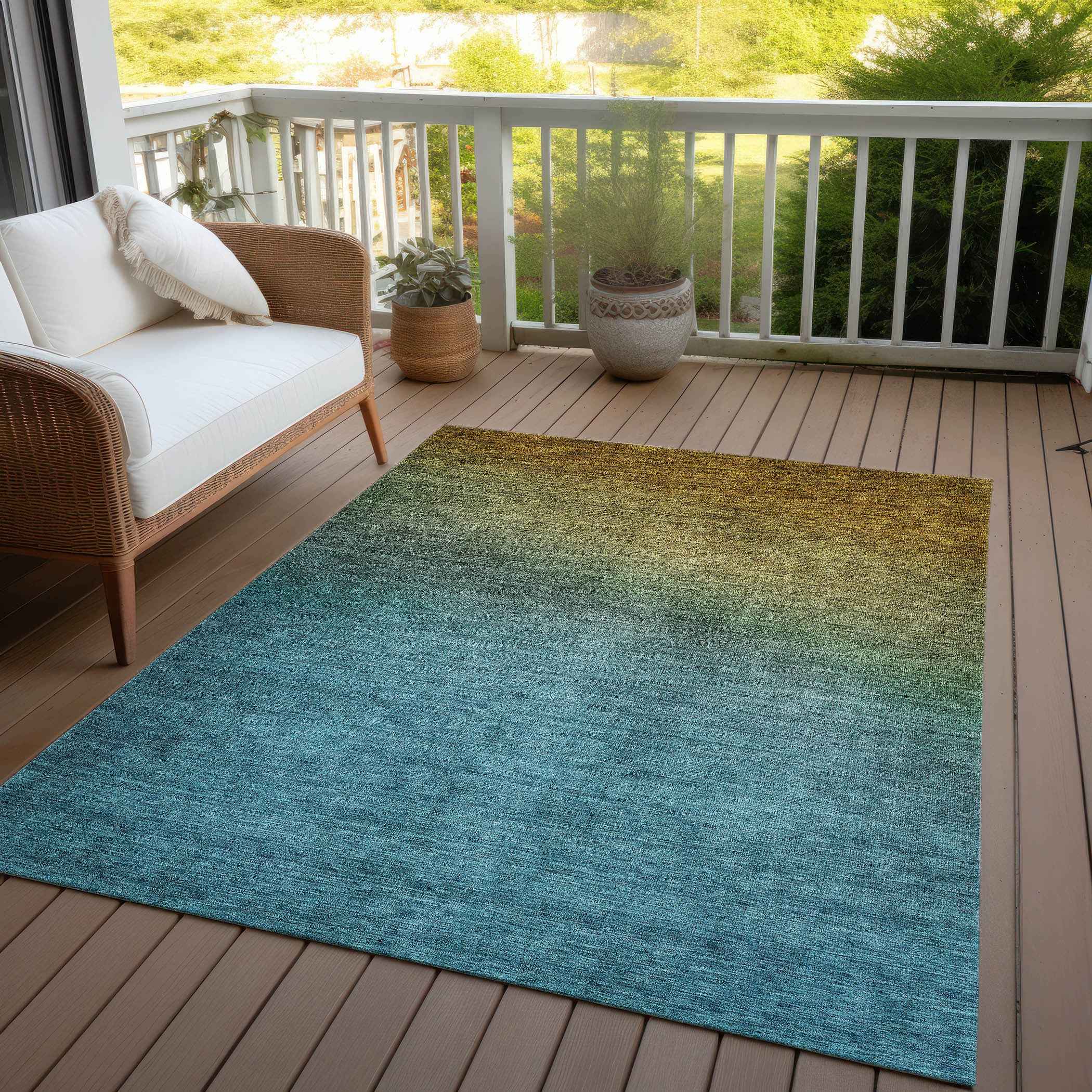 3' X 5' Brown Blue And Taupe Ombre Washable Indoor Outdoor Area Rug