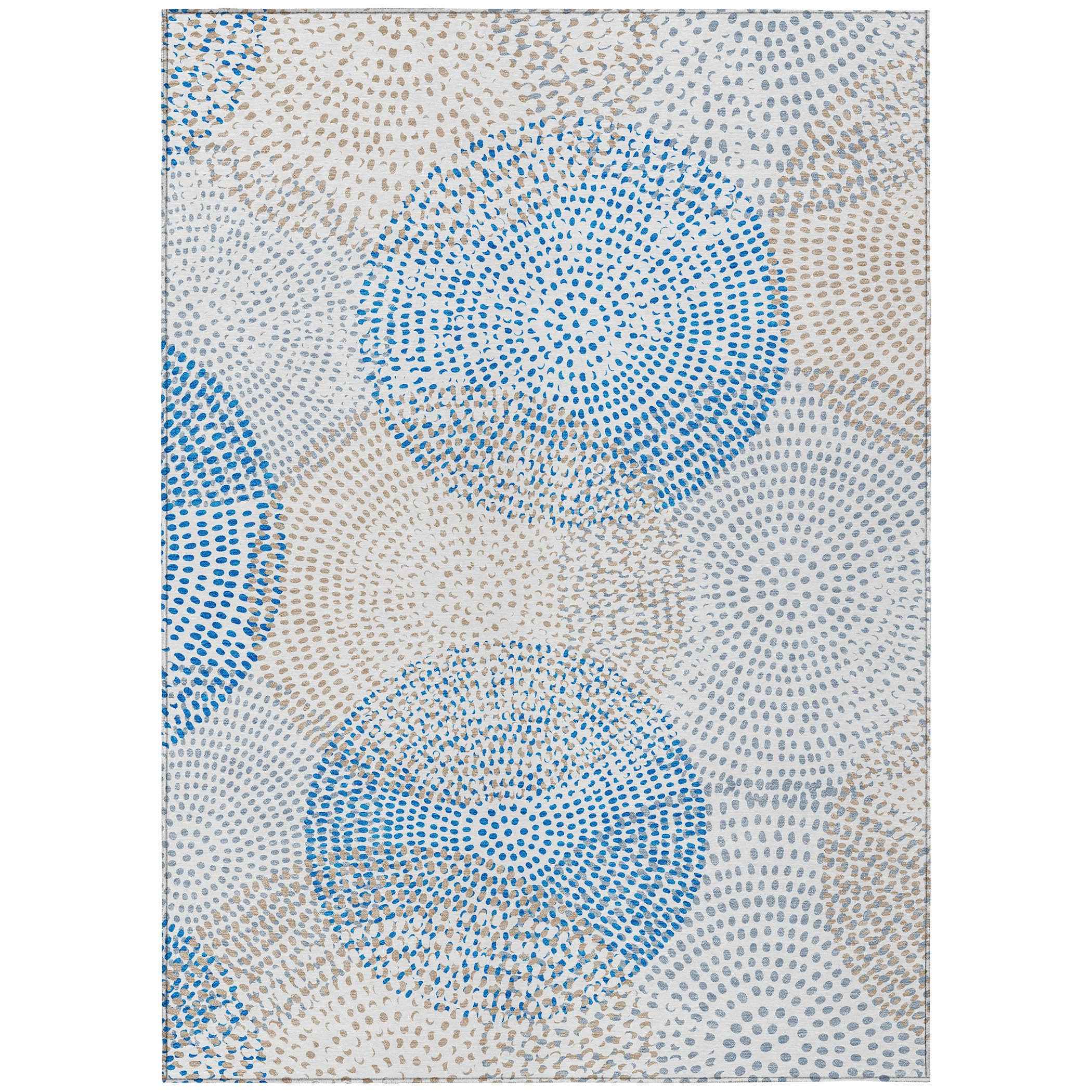 3' X 5' Ivory Blue And Taupe Polka Dot Washable Indoor Outdoor Area Rug