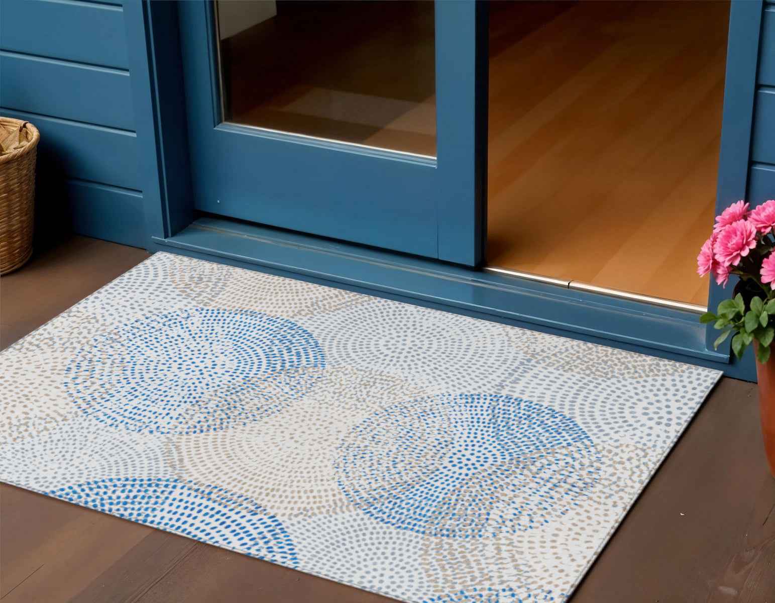 3' X 5' Ivory Blue And Taupe Polka Dot Washable Indoor Outdoor Area Rug