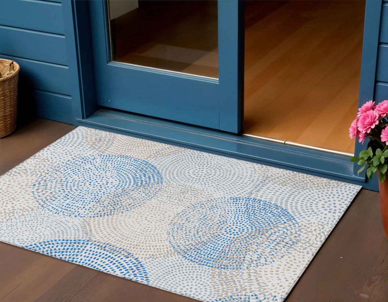 3' X 5' Ivory Blue And Taupe Polka Dot Washable Indoor Outdoor Area Rug