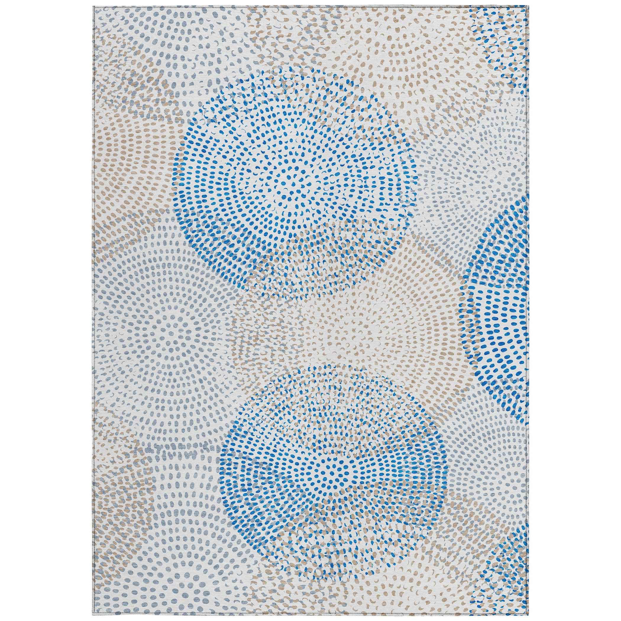 3' X 5' Ivory Blue And Taupe Polka Dot Washable Indoor Outdoor Area Rug