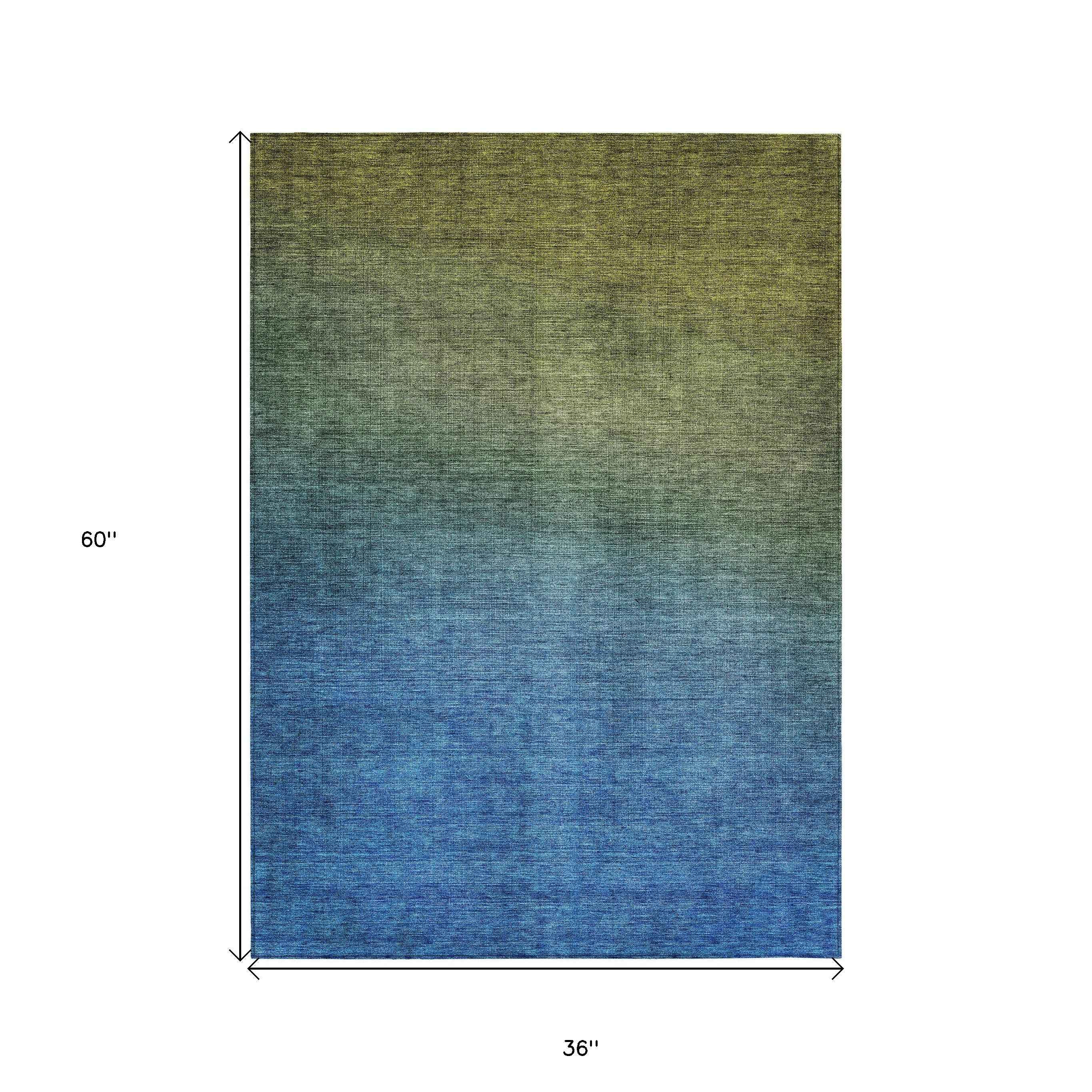 3' X 5' Olive Green Blue And Navy Blue Ombre Washable Indoor Outdoor Area Rug