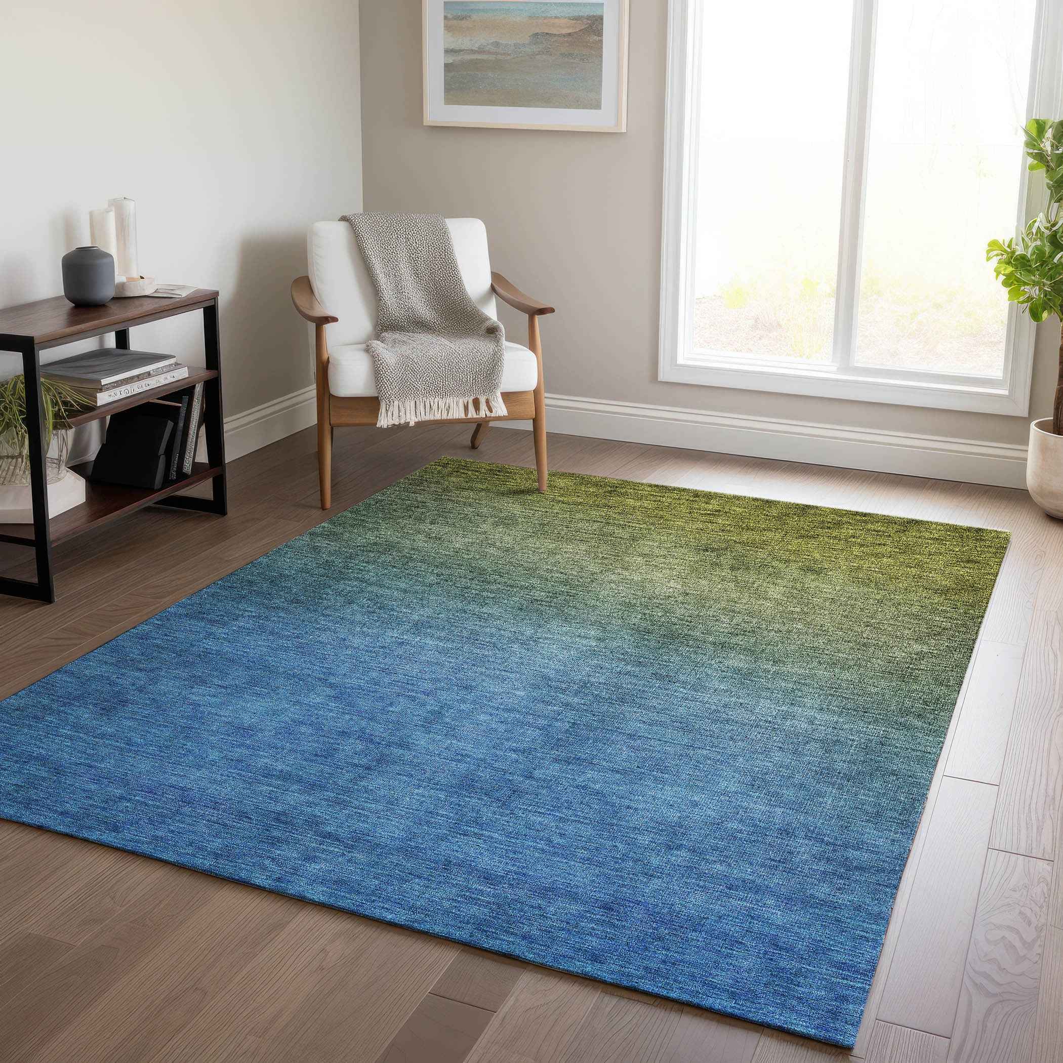 3' X 5' Olive Green Blue And Navy Blue Ombre Washable Indoor Outdoor Area Rug