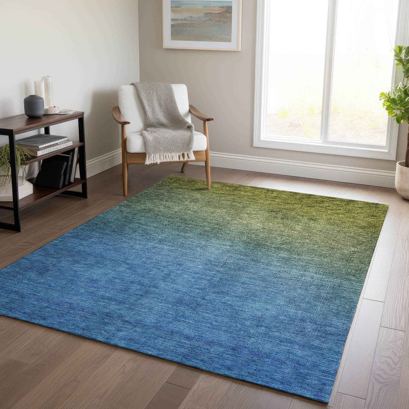 3' X 5' Olive Green Blue And Navy Blue Ombre Washable Indoor Outdoor Area Rug